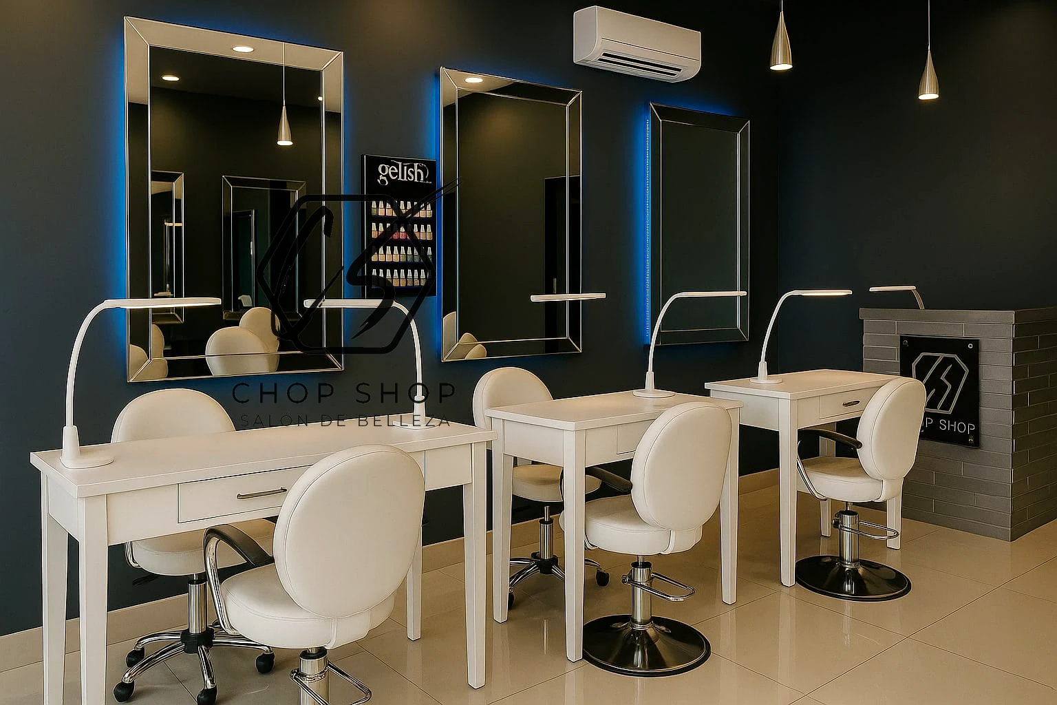 Modern salon styling and nail station interior at Chop Shop Salon de Belleza in Tijuana